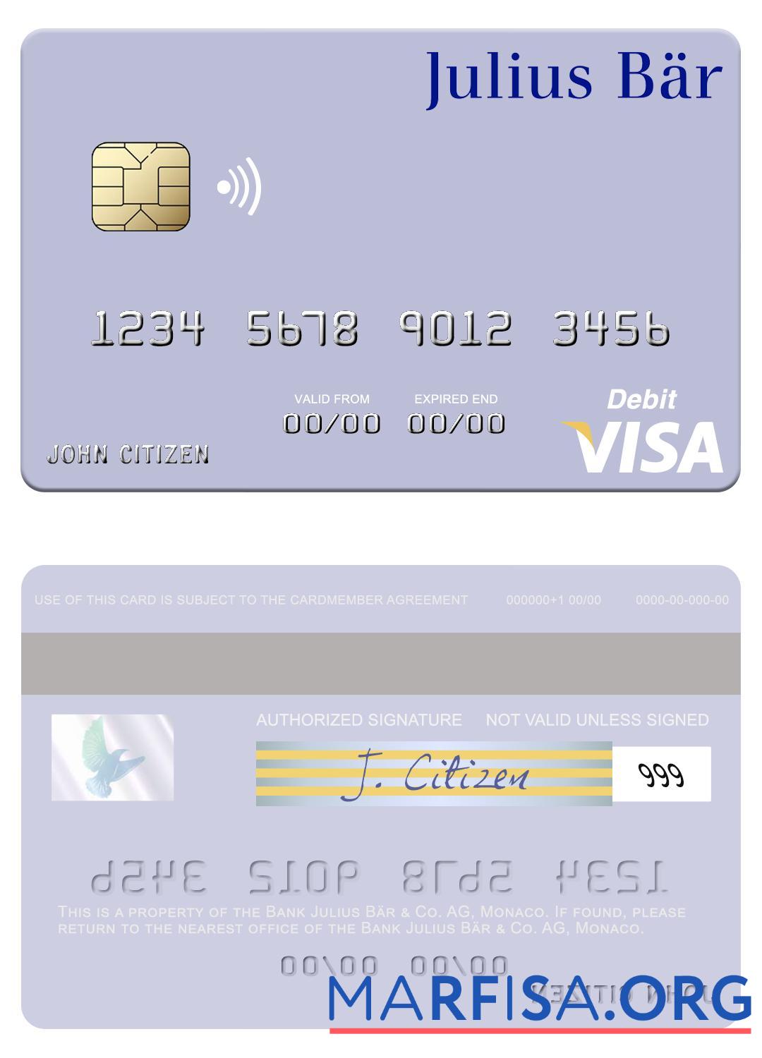 Printable Monaco Bank Julius Bär & Co. AG visa debit card real example